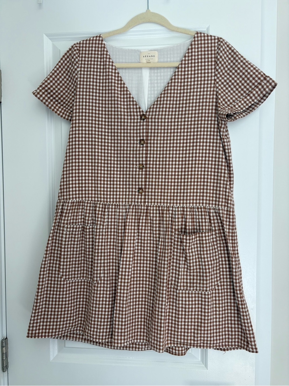 Sezane Brown and White Gingham Mini Dress